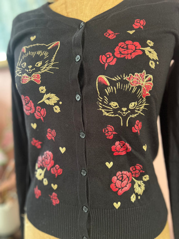 RETRO KITTEN V NECK CARDIGAN *BLACK