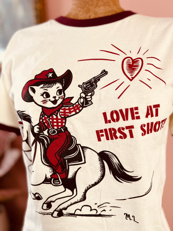 *UNISEX LOVE AT FIRST SHOT RINGER TEE* BURGUNDY/NATURAL