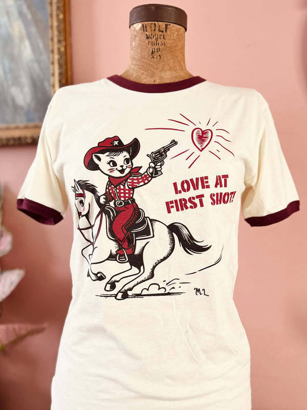 *UNISEX LOVE AT FIRST SHOT RINGER TEE* BURGUNDY/NATURAL