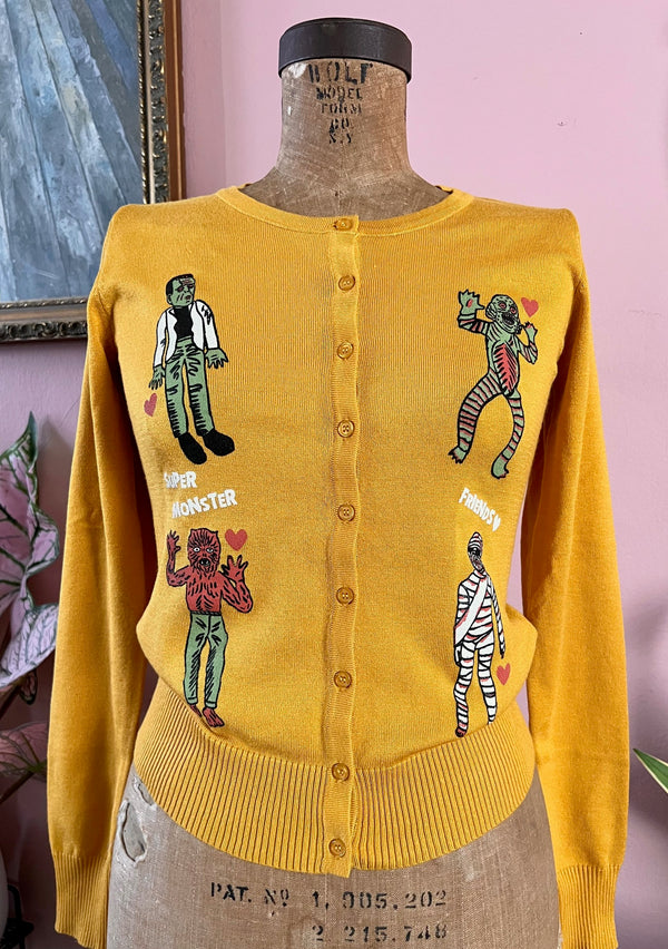 SUPER MONSTER FRIENDS LONG SLEEVE CARDIGAN*MUSTARD