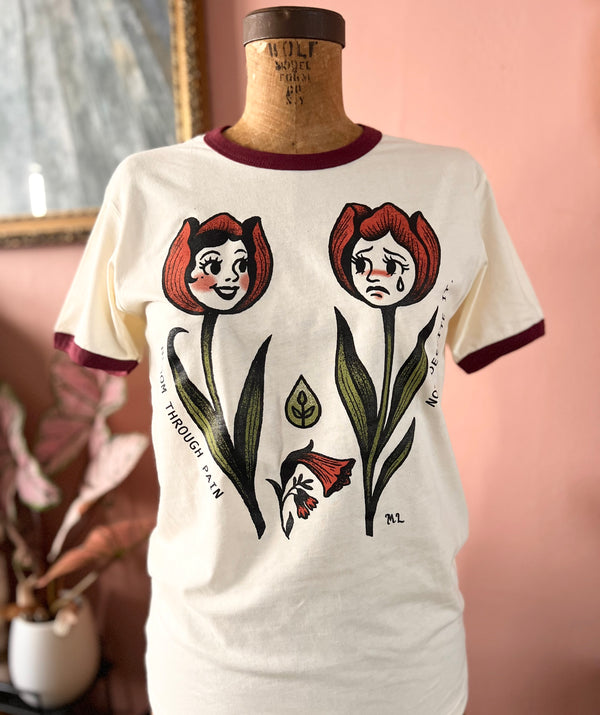 BLOOM THROUGH PAIN RINGER TEE* BURGUNDY/NATURAL