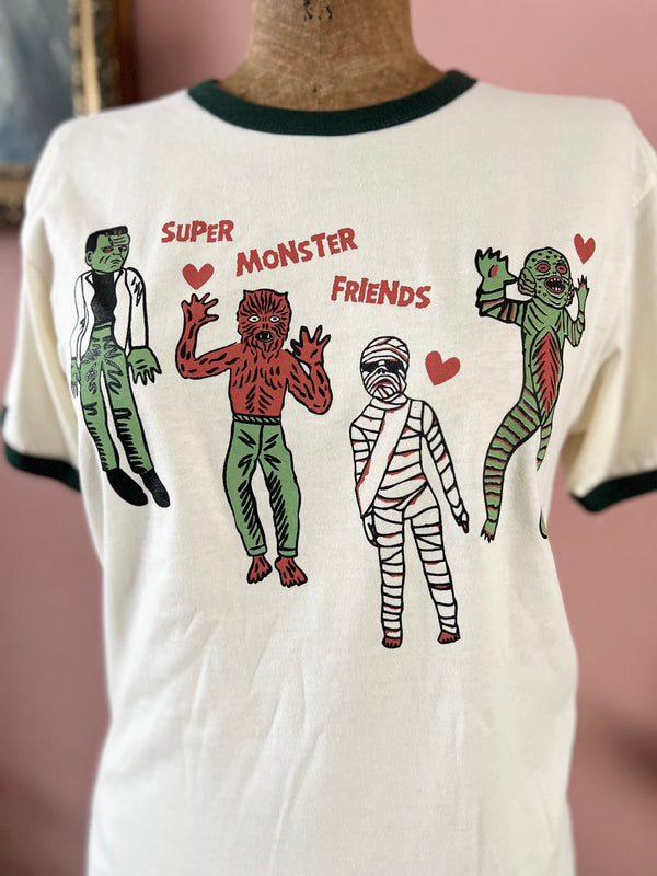 *UNISEX SUPER MONSTER FRIENDS RINGER TEE *NATURAL/GREEN