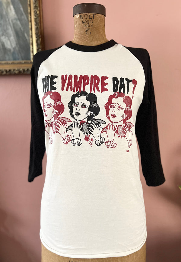 *UNISEX* VAMPIRE BAT? BASE BALL TEE *VINTAGE WHITE/ BLACK