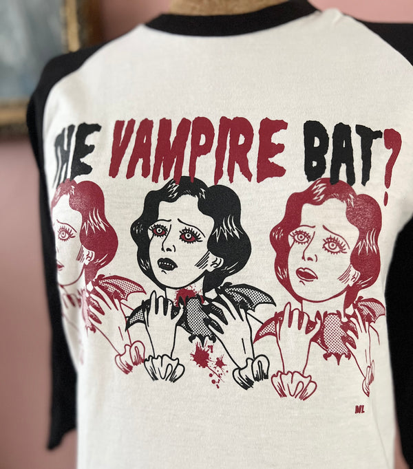 *UNISEX* VAMPIRE BAT? BASE BALL TEE *VINTAGE WHITE/ BLACK