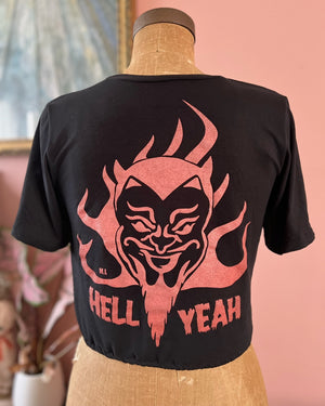 HELL YEAH TIE FRONT DRAWSTRING CROP TOP T-SHIRTS *BLACK