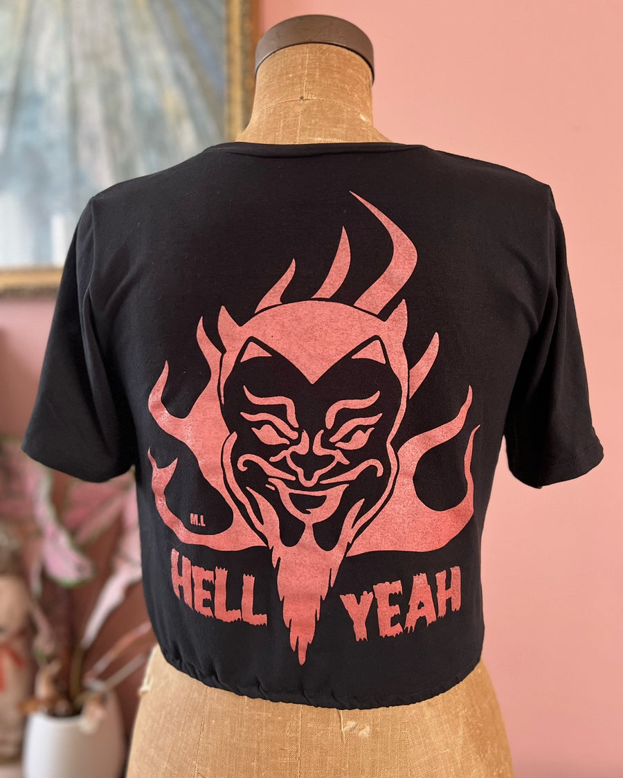 HELL YEAH TIE FRONT DRAWSTRING CROP TOP T-SHIRTS *BLACK