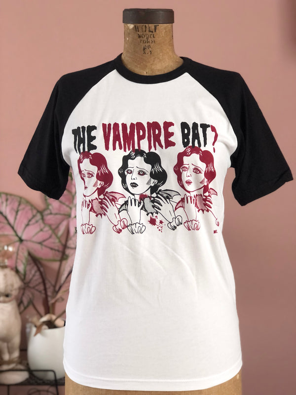 *UNISEX* THE VAMPIRE BAT? HALF SLEEVE BASEBALL TEE *BLACK/WHITE