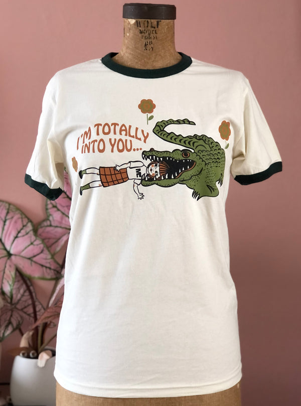 *UNISEX*I'M TOTALLY IN TO YOU RINGER TEE *GREEN/NATURAL