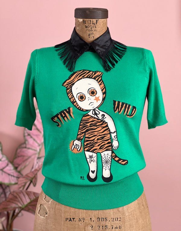STAY WILD HALF SLEEVE SWEATER *GREEN
