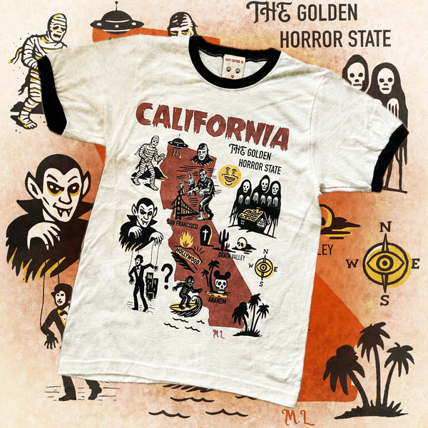 ＊UNISEX＊ THE GOLDEN HORROR STATE RINGER TEE *VINTAGE WHITE/ BLACK