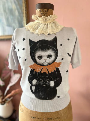 SPOOKY KITTY HALF SLEEVE SWEATER *LIGHT GRAY