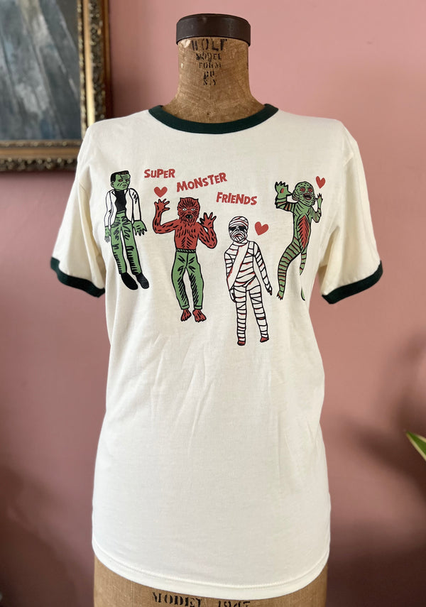 *UNISEX SUPER MONSTER FRIENDS RINGER TEE *NATURAL/GREEN