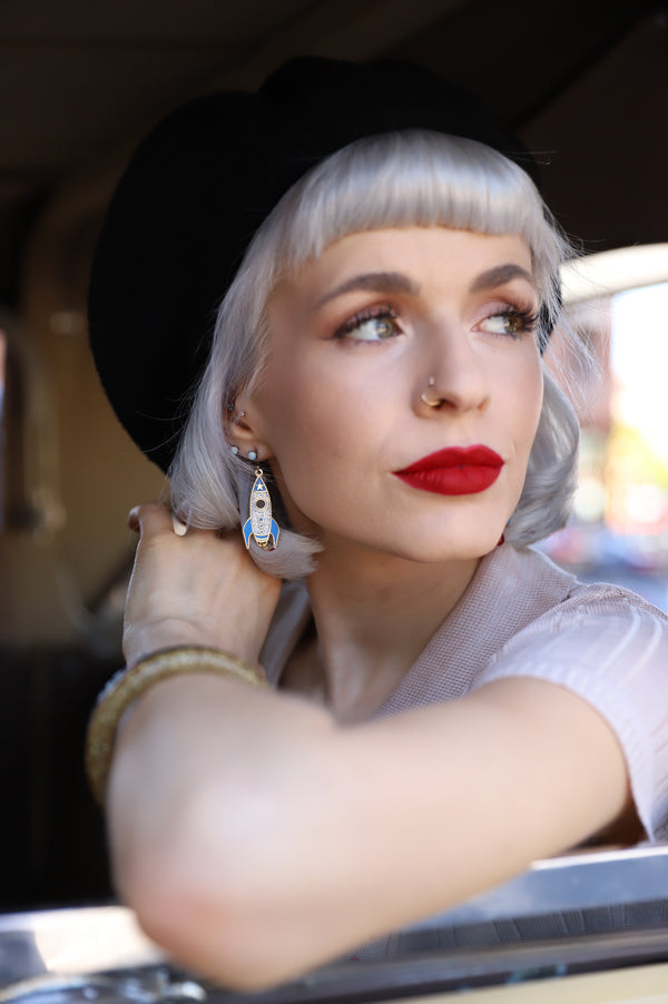 GLITTER LET'S GO TO MARS ROCKET EARRINGS WITH TEAR DROP