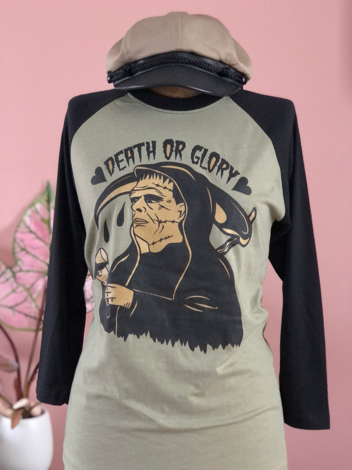 ＊UNISEX＊DEATH OR GROLY FRANKEY BASEBALL TEE *BLACK/MILITARY GREEN