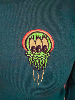 JELLYFISH EMBROIDERY FITTED SWEATER  *PEACOCK