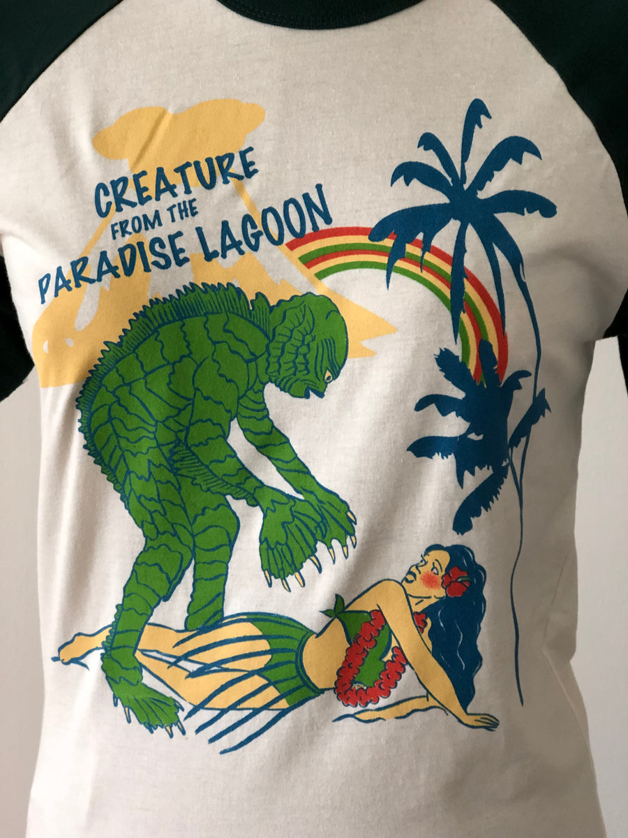 ＊UNISEX＊CREATURE FROM THE PARADISE LAGOON HALF SLEEVE BASEBALL TEE *GREEN/NATURAL