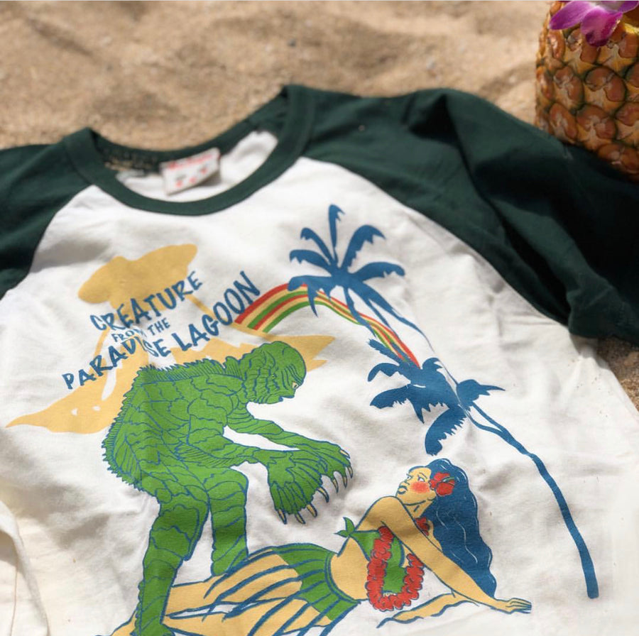 ＊UNISEX＊CREATURE FROM THE PARADISE LAGOON HALF SLEEVE BASEBALL TEE *GREEN/NATURAL